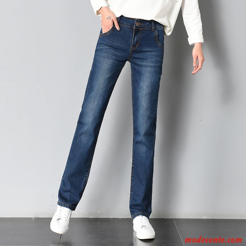 Jeans Femme Pantalon Mince Haute Cintrée Légère Grande Taille Printemps Bleu Noir Foncé