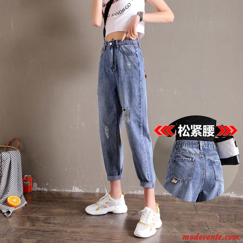 Jeans Femme Élastique Baggy Troués Haute Cintrée Légère Des Trous Bleu