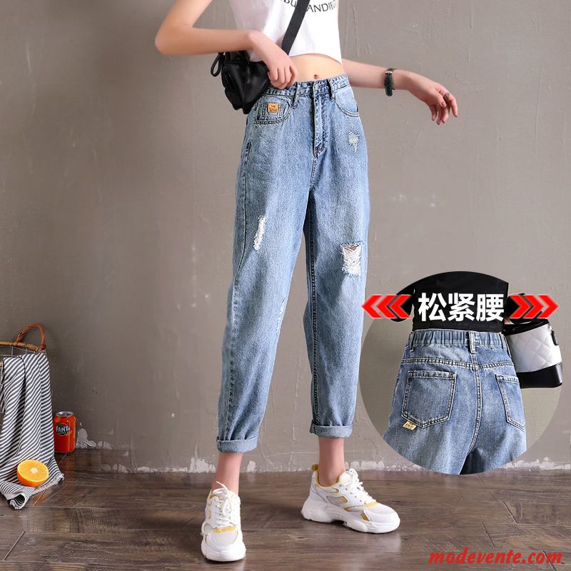 Jeans Femme Élastique Baggy Troués Haute Cintrée Légère Des Trous Bleu