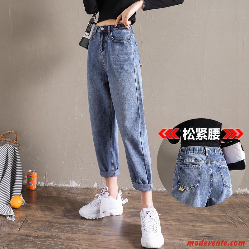 Jeans Femme Élastique Baggy Troués Haute Cintrée Légère Des Trous Bleu