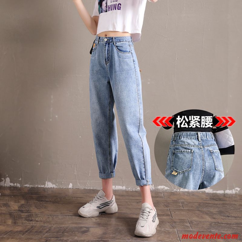 Jeans Femme Élastique Baggy Troués Haute Cintrée Légère Des Trous Bleu