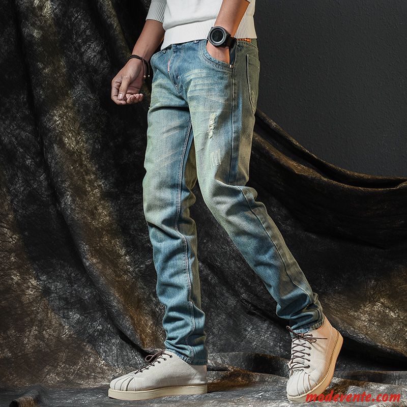 Jeans Homme Baggy Des Trous Dans Les Jeans Slim Marque De Tendance Printemps Hiver Bleu