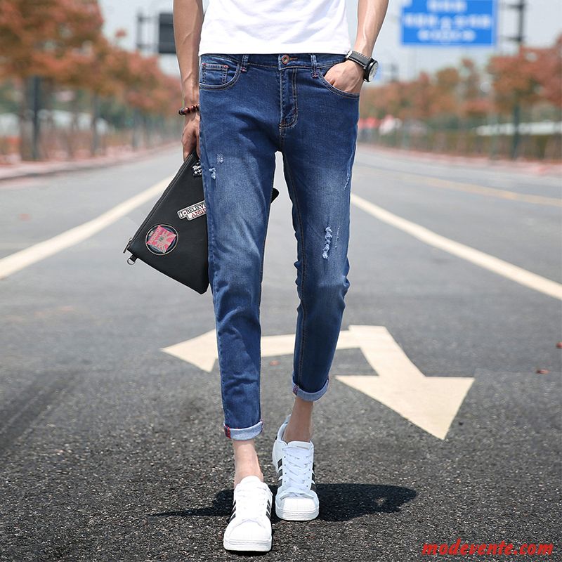 Jeans Homme Collants Tendance Des Trous Dans Les Jeans Slim Pantalon Septième Pantalon Bleu