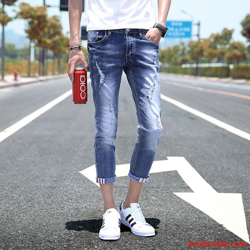 Jeans Homme Collants Tendance Des Trous Dans Les Jeans Slim Pantalon Septième Pantalon Bleu