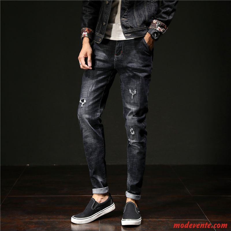 Jeans Homme Des Trous Dans Les Jeans L'automne Pièce Tendance Slim Longue Noir