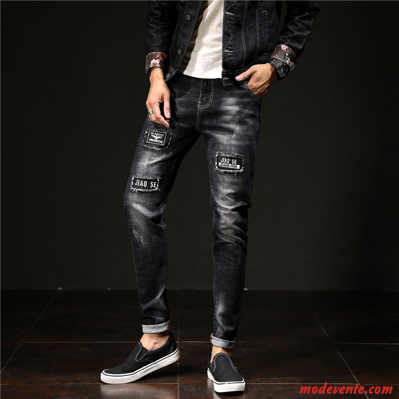 Jeans Homme Des Trous Dans Les Jeans L'automne Pièce Tendance Slim Longue Noir