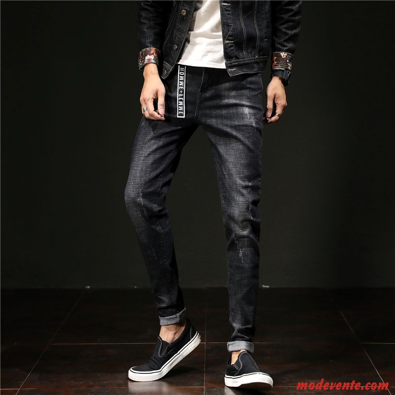 Jeans Homme Des Trous Dans Les Jeans L'automne Pièce Tendance Slim Longue Noir