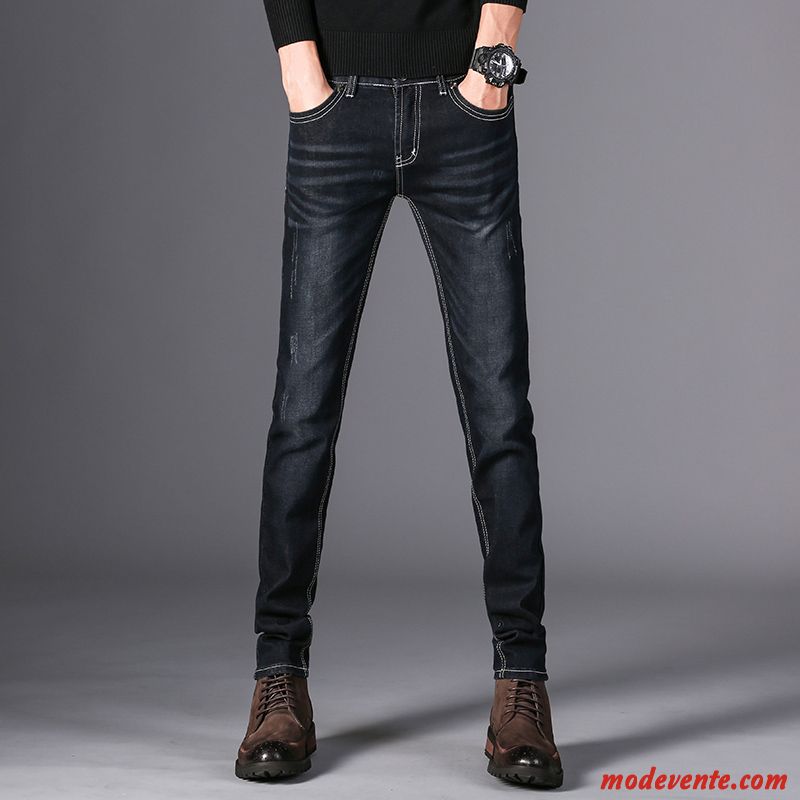 Jeans Homme Fleur Tendance Longue Slim Pantalon Extensible Noir