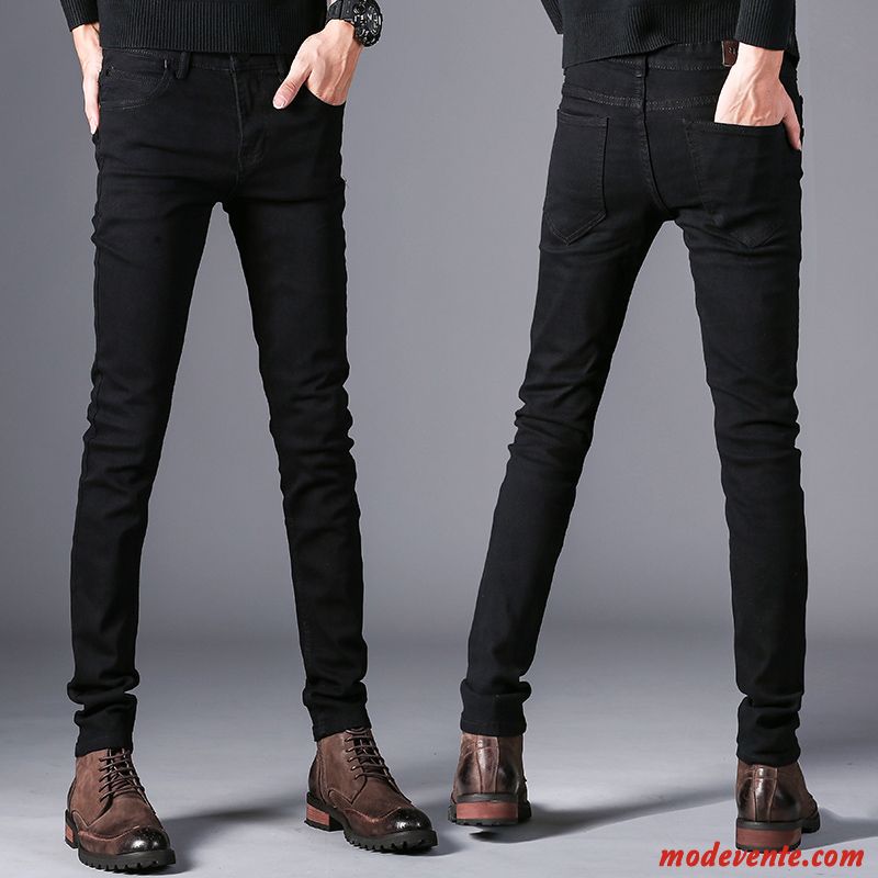 Jeans Homme Fleur Tendance Longue Slim Pantalon Extensible Noir