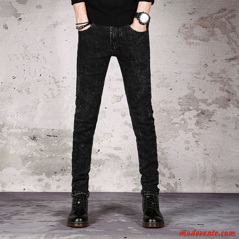 Jeans Homme Fleur Tendance Longue Slim Pantalon Extensible Noir