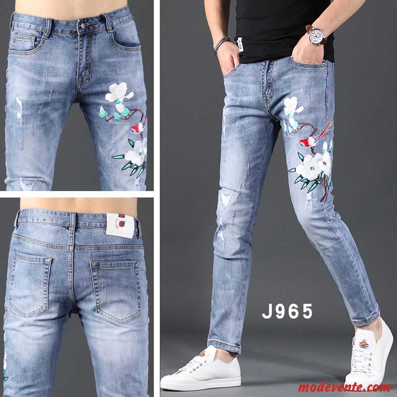 Jeans Homme Légère Marque De Tendance Extensible Maigre Troués Décontractée Bleu Clair Bleu