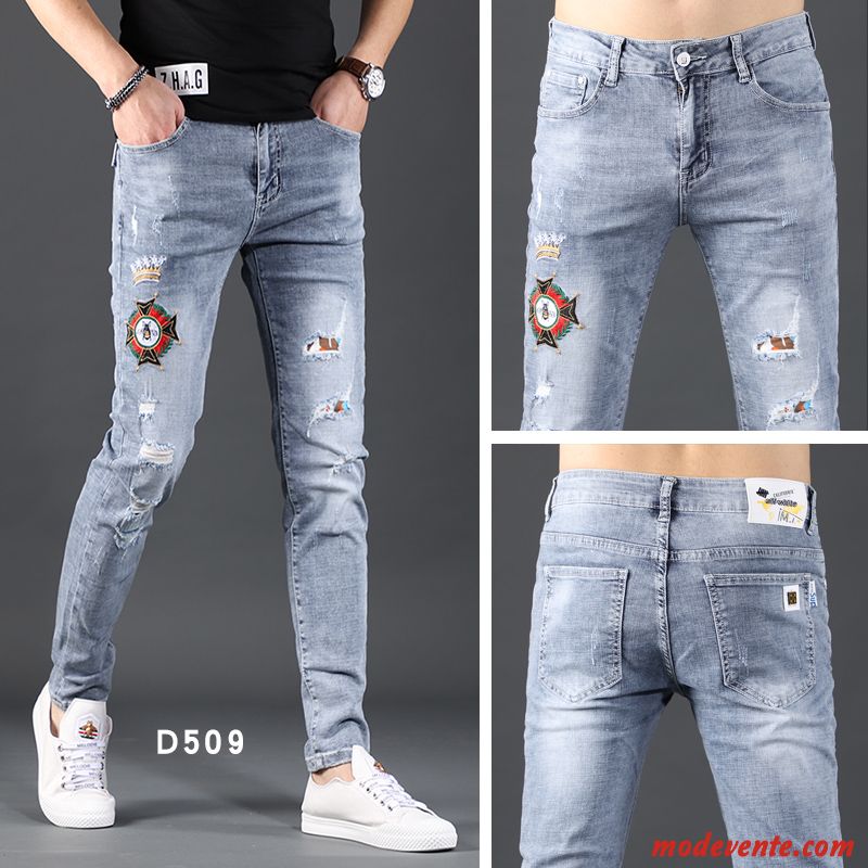 Jeans Homme Légère Marque De Tendance Extensible Maigre Troués Décontractée Bleu Clair Bleu