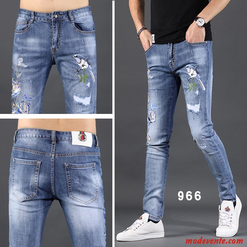 Jeans Homme Légère Marque De Tendance Extensible Maigre Troués Décontractée Bleu Clair Bleu