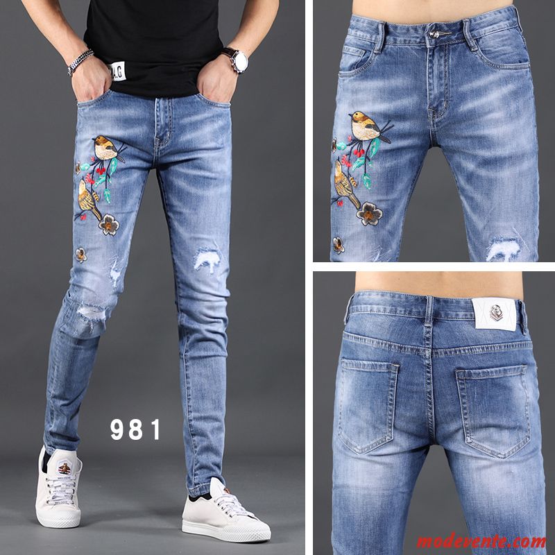 Jeans Homme Légère Marque De Tendance Extensible Maigre Troués Décontractée Bleu Clair Bleu