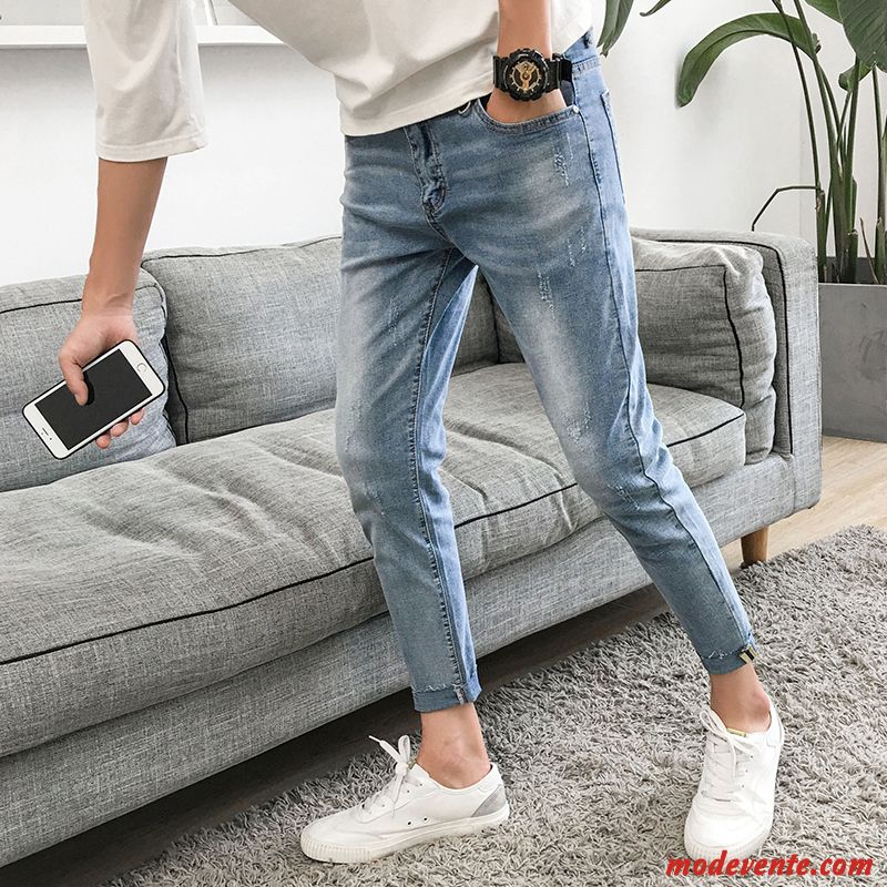 Jeans Homme Mode Tendance Slim Pantalon Collants Des Trous Dans Les Jeans Bleu