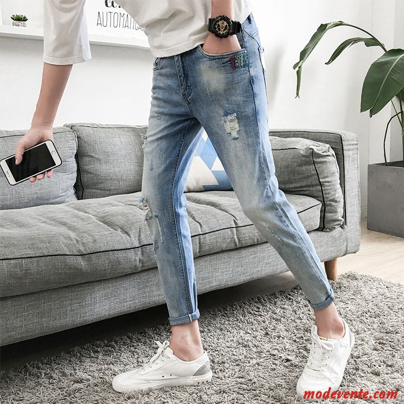 Jeans Homme Mode Tendance Slim Pantalon Collants Des Trous Dans Les Jeans Bleu