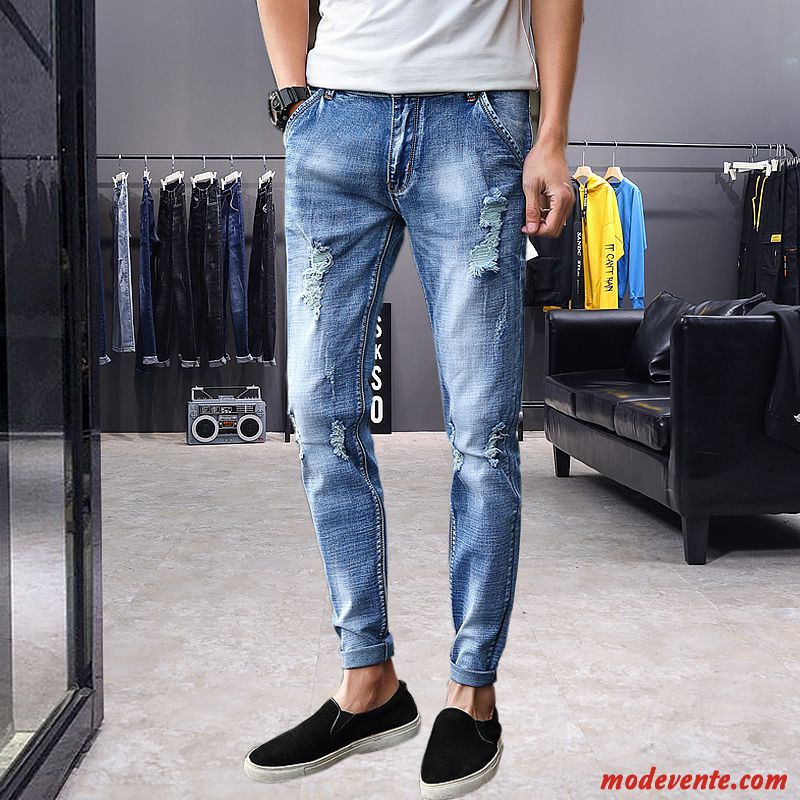 Jeans Homme Pantalon Printemps Marque De Tendance Slim Maigre Bleu