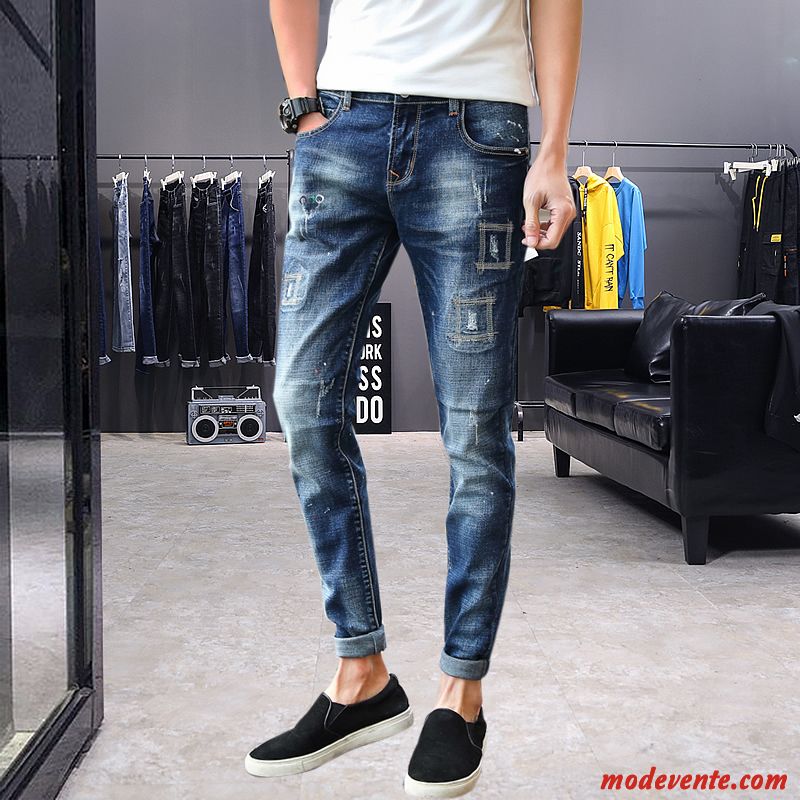 Jeans Homme Pantalon Printemps Marque De Tendance Slim Maigre Bleu