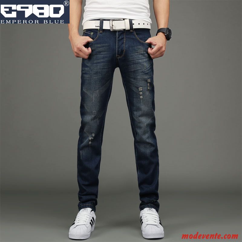 Jeans Homme Printemps Décontractée Slim Pantalon Des Trous Dans Les Jeans Tendance Bleu