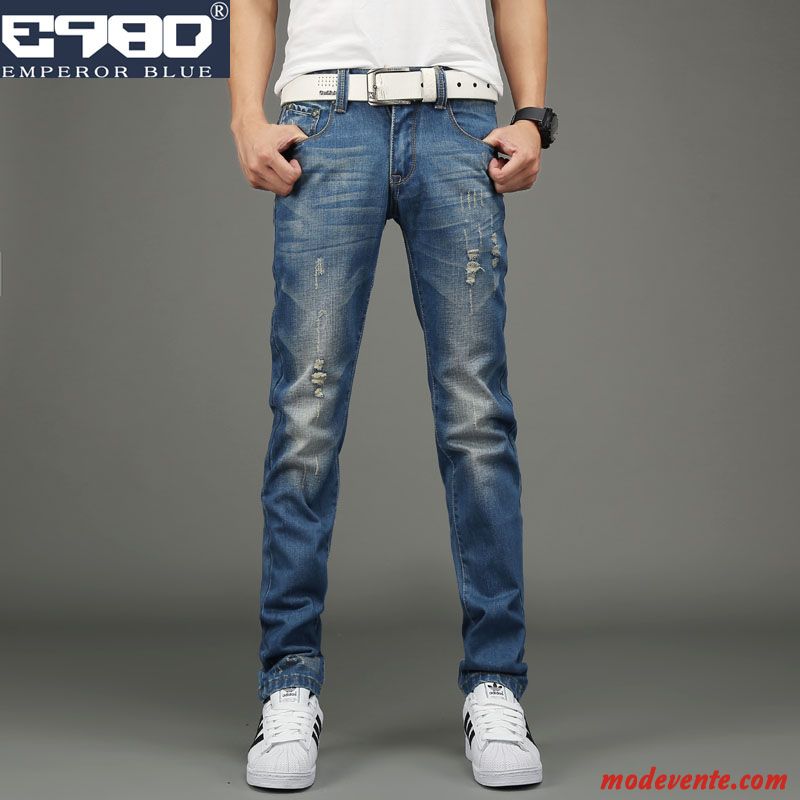 Jeans Homme Printemps Décontractée Slim Pantalon Des Trous Dans Les Jeans Tendance Bleu