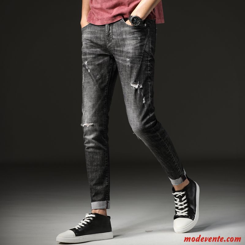 Jeans Homme Slim Tendance Bord Été Légère Troués Bleu