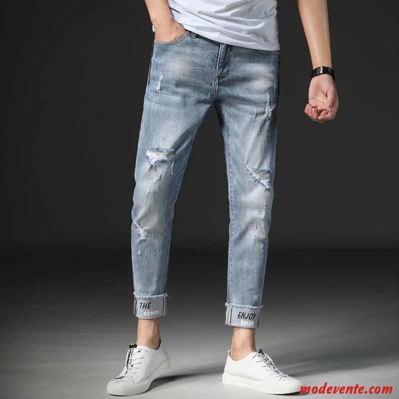 Jeans Homme Slim Tendance Bord Été Légère Troués Bleu