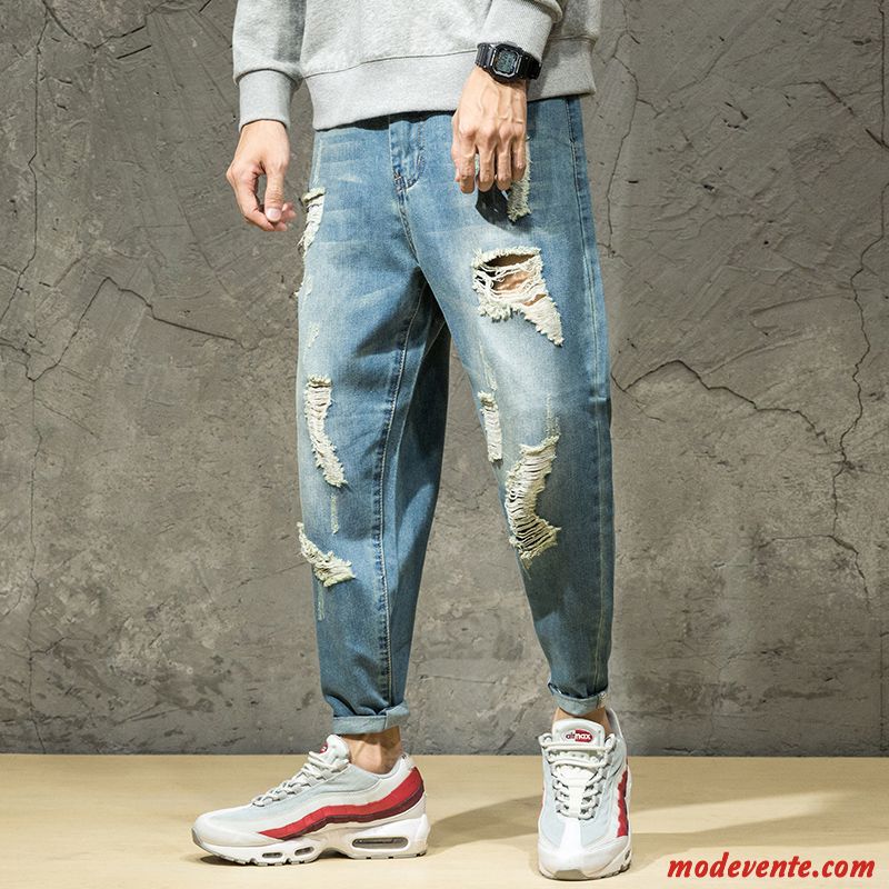 Jeans Homme Tendance Harlan L'automne Baggy Collants Des Trous Dans Les Jeans Bleu Clair