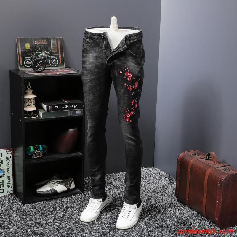 Jeans Homme Vintage Broderie Marque De Tendance Pantalon L'automne Slim Noir
