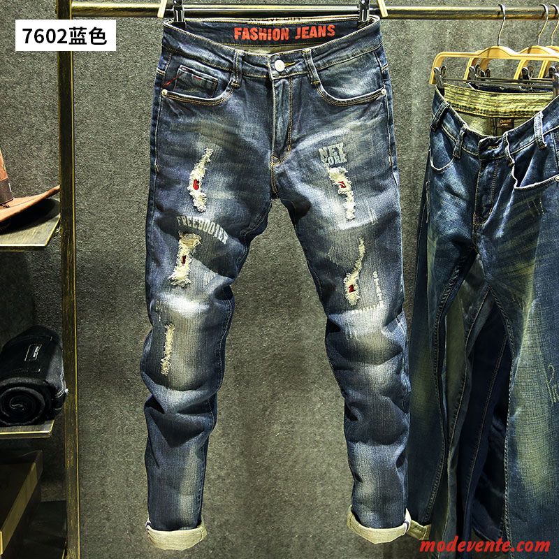 Jeans Homme Vintage Jambe Droite Extensible Jeunesse Des Trous Dans Les Jeans Été Bleu