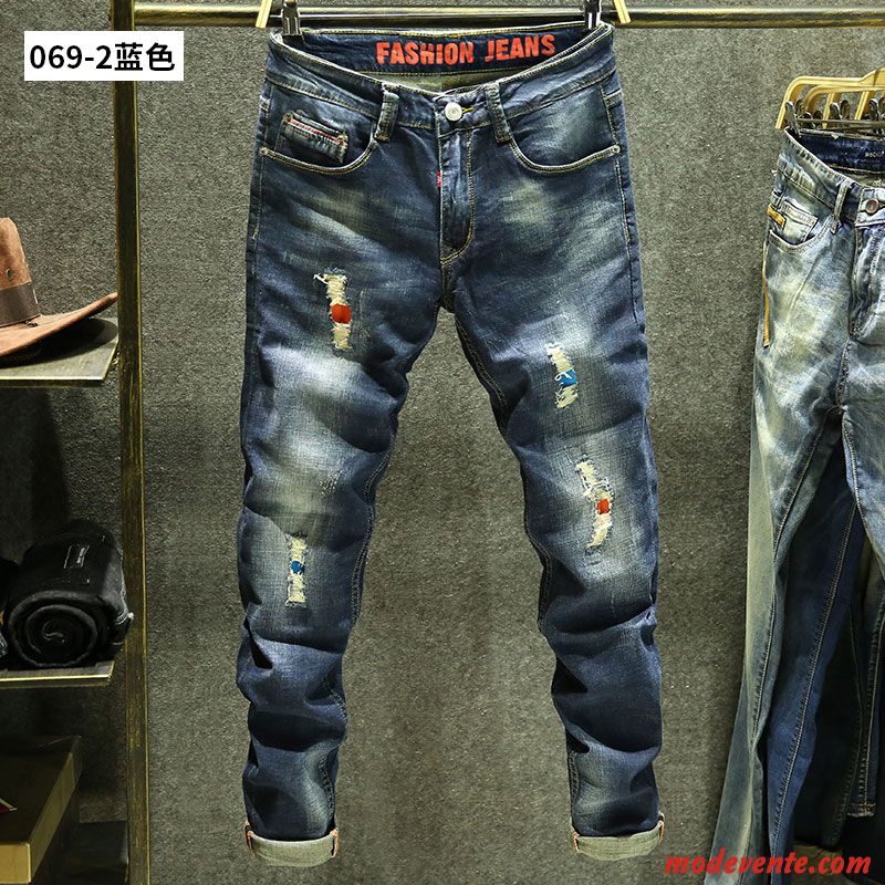 Jeans Homme Vintage Jambe Droite Extensible Jeunesse Des Trous Dans Les Jeans Été Bleu