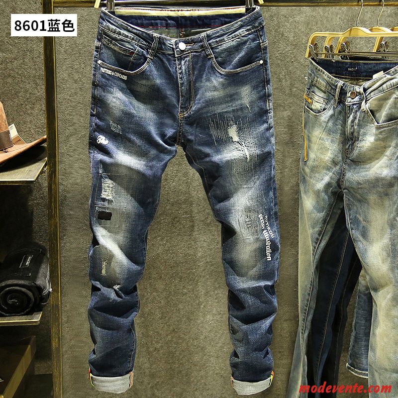 Jeans Homme Vintage Jambe Droite Extensible Jeunesse Des Trous Dans Les Jeans Été Bleu