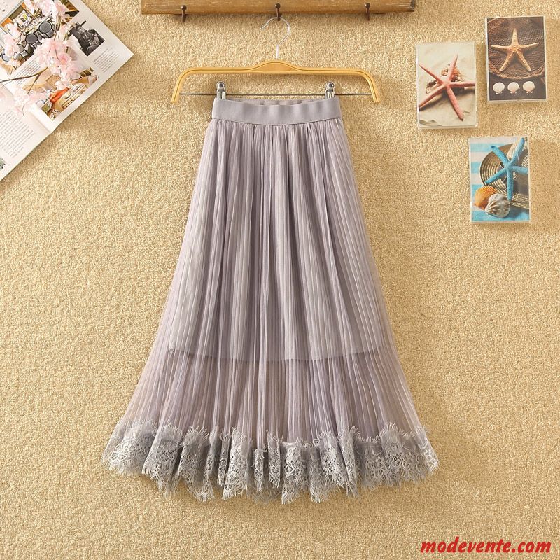 Jupe Femme Longue Plissé Haute Cintrée Robe Dentelle Fil Gris