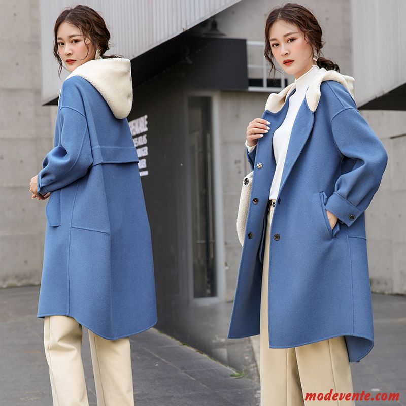 Manteau Femme Longue Élégant Velours De Laine La Laine Parka Capuche Bleu