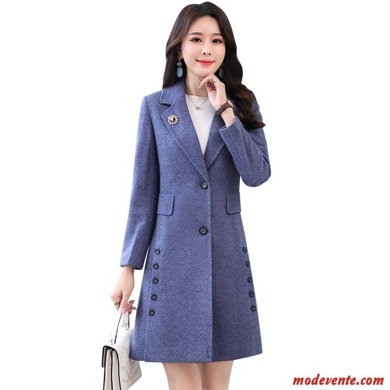 Manteau Femme Élégant Bouton À Une Rangée Mode Hiver Tempérament Manteau En Laine Bleu
