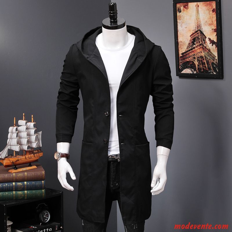 Manteau Homme Capuche Tendance Coupe Vent Longue Jeunesse Beau Noir