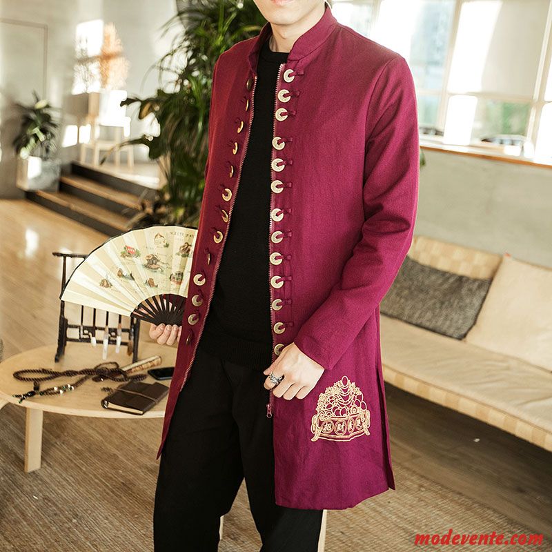 Manteau Homme L'automne Longue Printemps Coupe Vent Tendance Style Chinois Bordeaux