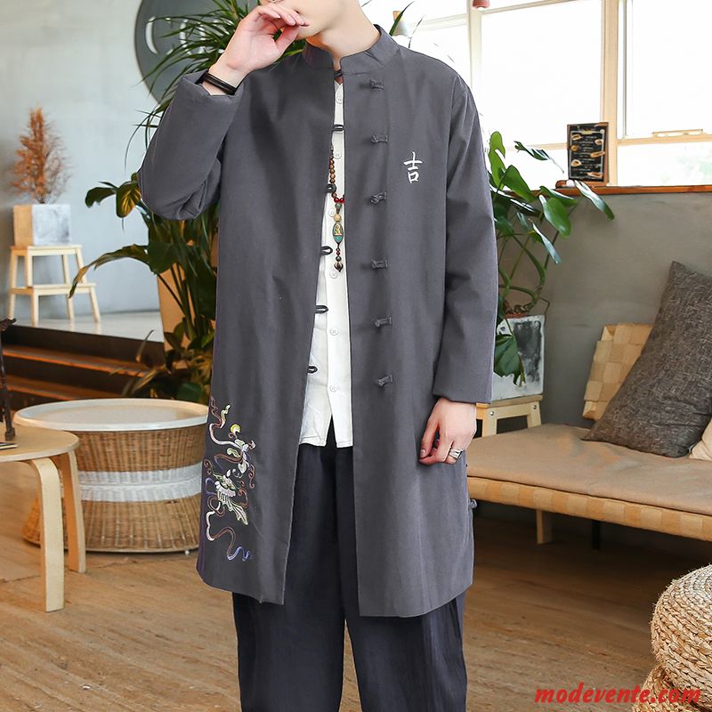 Manteau Homme Style Chinois Printemps Coupe Vent Cardigan Légère Longue Noir