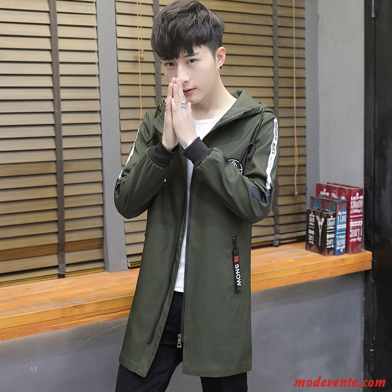 Manteau Homme Tendance Parka Longue Étudiant Légère Slim Vert