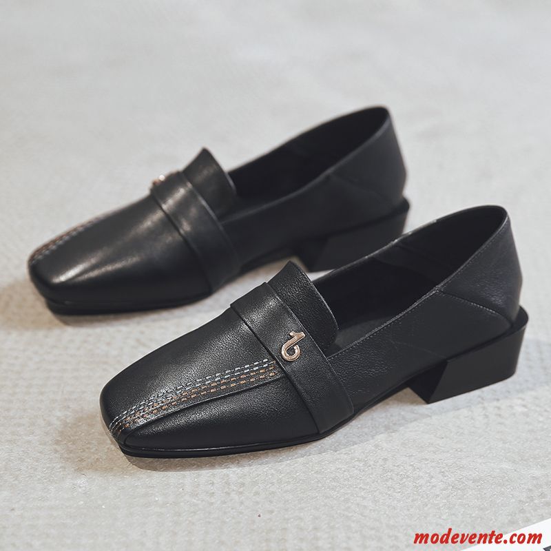 Mocassins Femme Derbies Cuir Véritable Angleterre Confortable Chaussures En Cuir Tête Carrée Noir