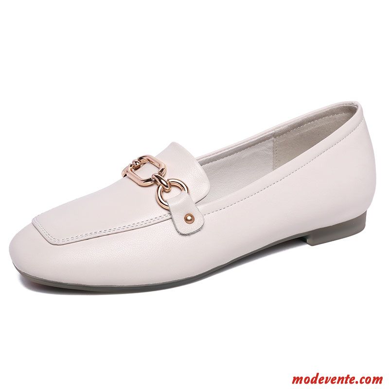 Mocassins Femme Derbies Tête Carrée Printemps Semelle Doux Cuir Véritable Enceintes Blanc