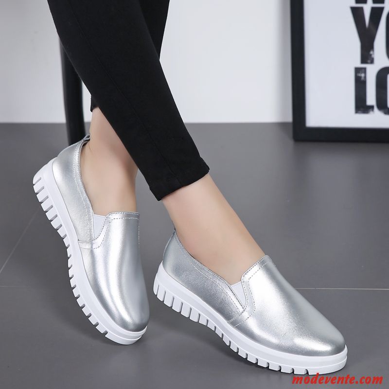 Mocassins Femme Respirant Été Cuir Véritable Creux Guipure Slip-on Plates Argent