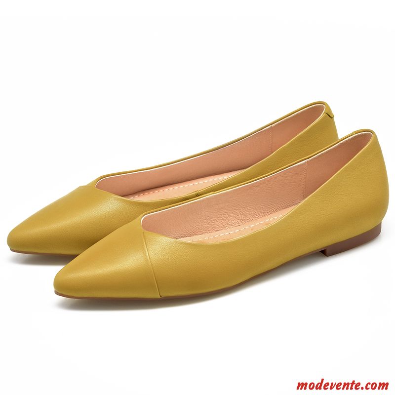 Mocassins Femme Semelle Doux Cuir Véritable Chaussures De Travail Derbies Citron Pointe Pointue Jaune Clair