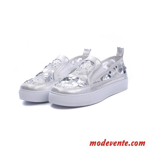 Mocassins Femme Slip-on Décontractée Creux Guipure Paillette Derbies Respirant Blanc