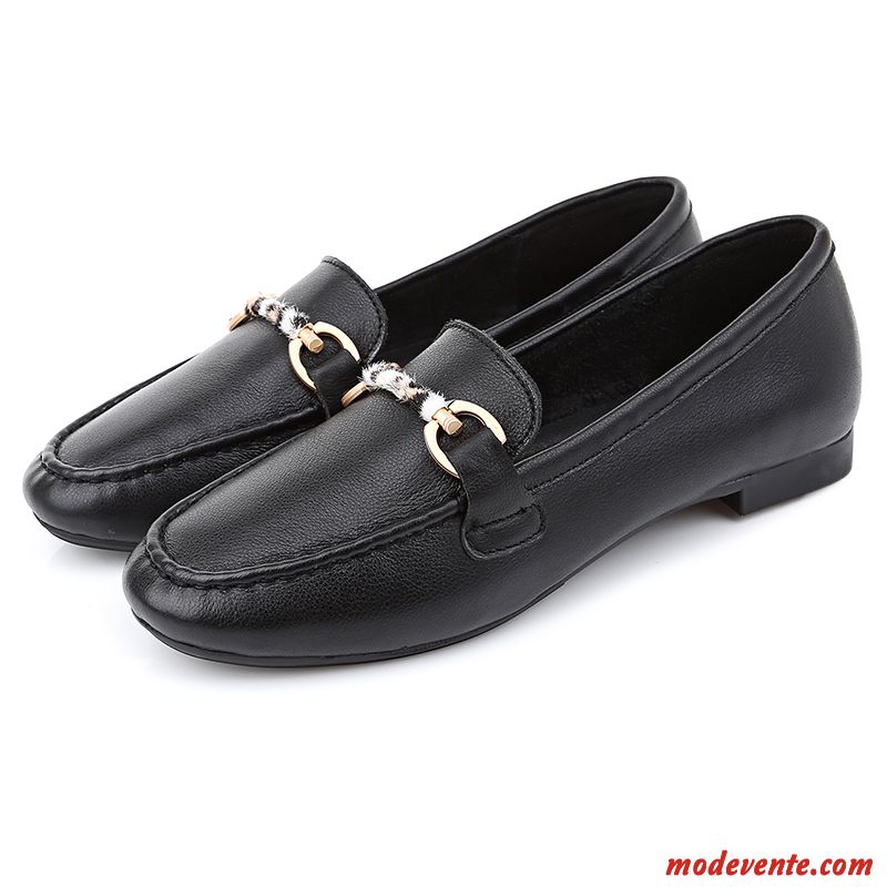 Mocassins Femme Talon Moyen En Cuir Été Slip-on Bout Rond Confortable Noir