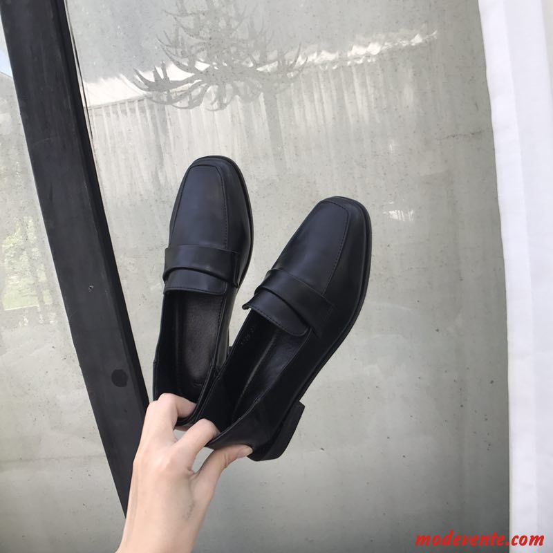 Mocassins Femme Vent D'université Tête Carrée Rétro L'automne Épais Chaussures En Cuir Noir