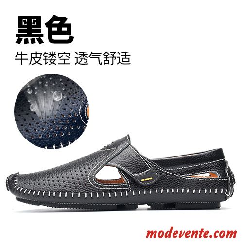 Mocassins Homme Conduite Cuir Véritable Slip-on Été Respirant Flâneurs Noir