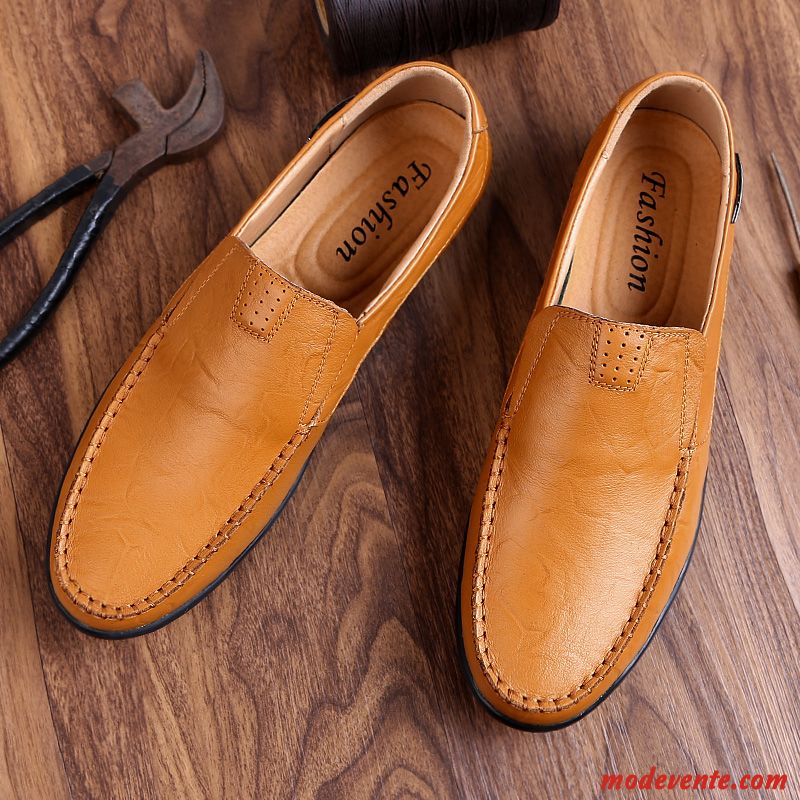 Mocassins Homme Creux Guipure Respirant Chaussures En Cuir Décontractée Été Tendance Jaune Brun