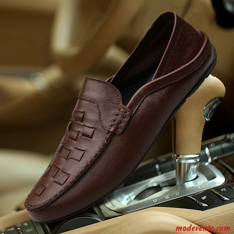 Mocassins Homme Cuir Véritable Chaussures De Conduite Décontractée Slip-on Chaussures En Cuir Angleterre Rouge Marron