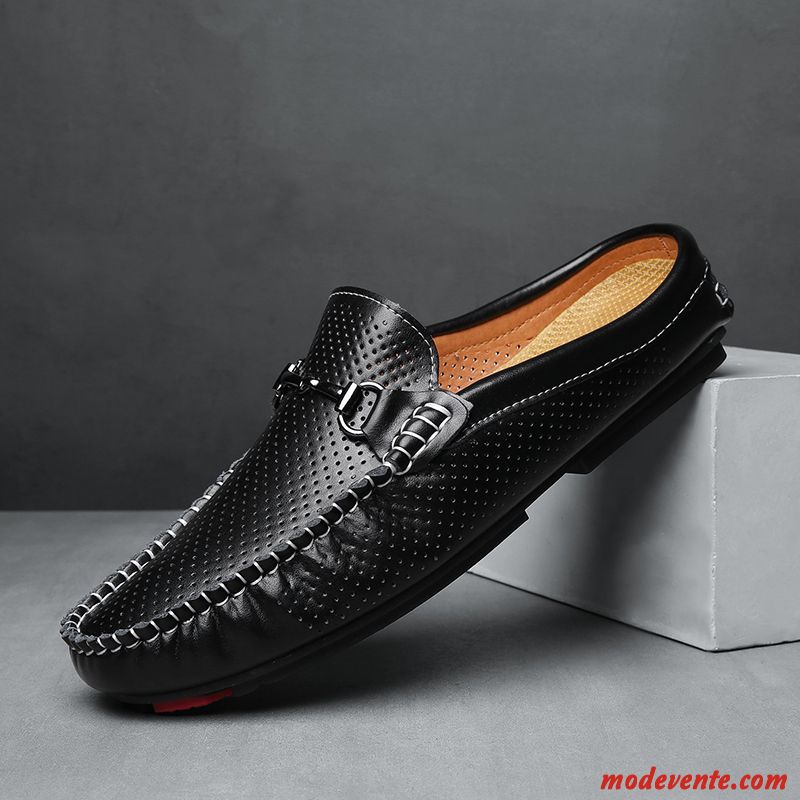 Mocassins Homme Cuir Véritable Tendance Respirant Décontractée Été Tongs Chaussons Noir