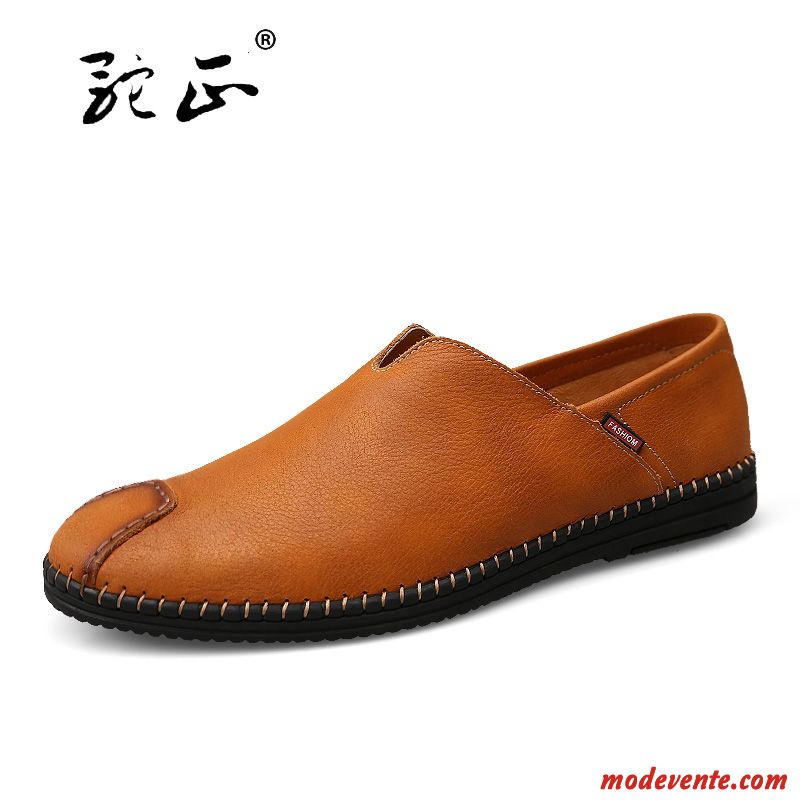 Mocassins Homme Décontractée Semelle Doux Cuir Véritable Mode Slip-on En Cuir Jaune Marron